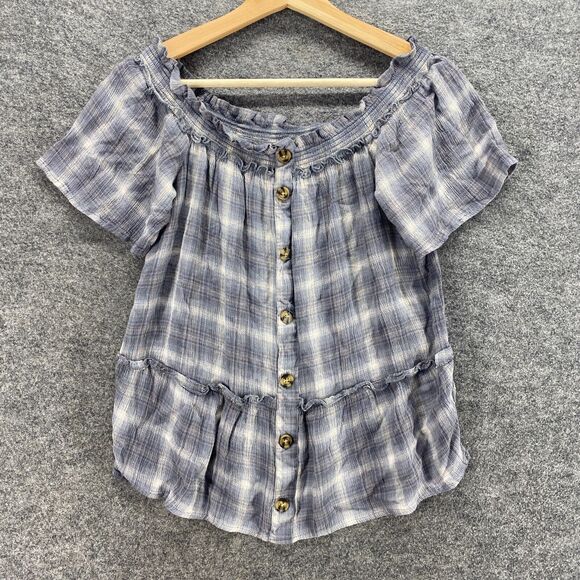 Maurices Top Women S Small Gray Plaid Button Up Round Neck Short Sleeve Rayon - Picture 1 of 9